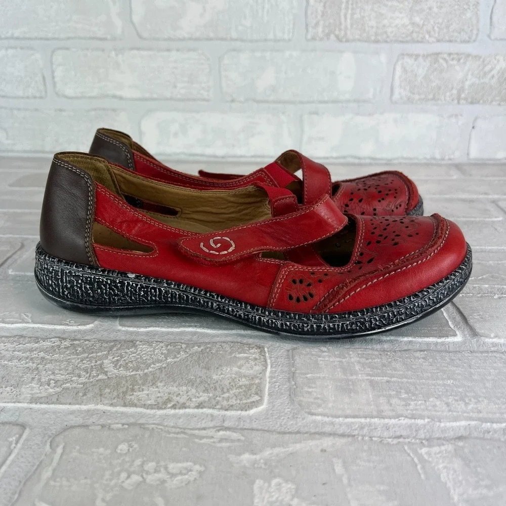 SPRING‎ STEP Womens 40 9 Red Leather Strappy Flats Artsy Boho Cut-Out Comfort